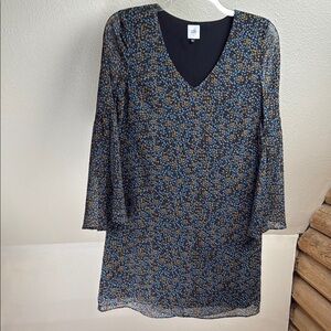 CAbi Blue & Gold Floral Sheath Dress with Bell Sleeves. Size Small